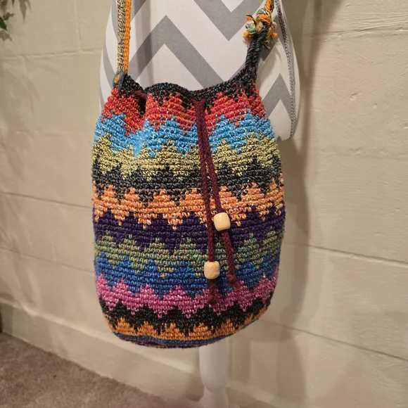 Crochet Bag Colorful Drawstring Bucket Hippie Boho Festival Travel Handmade Knit - Picture 2 of 9